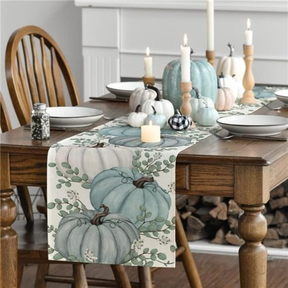 Pumpkins & Eucalyptus Leaves Fall Table Runner, 13x72 Inch, Thanksgiving Decor - Picture 3 of 7